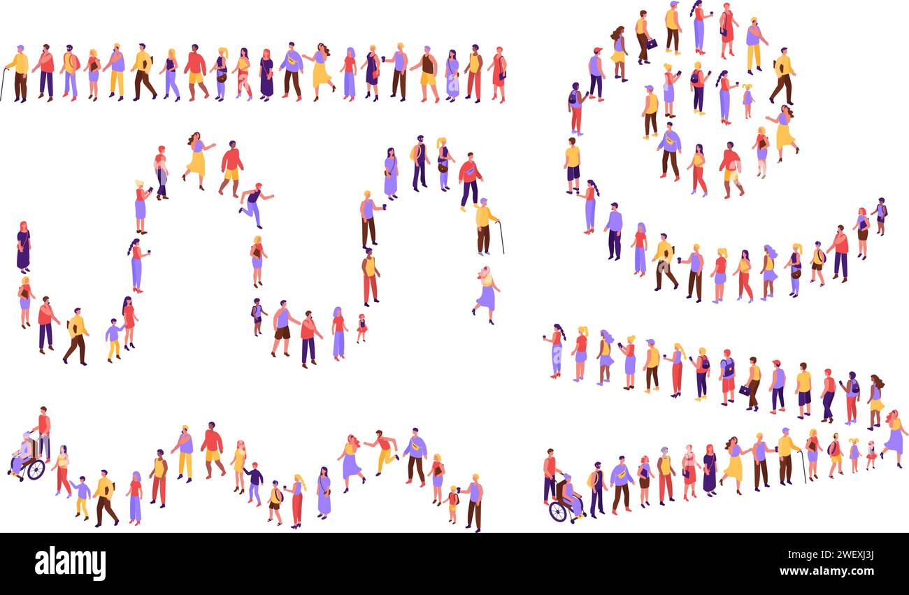 Personen in Schlange von oben. Kundenlinie von verschiedenen Menschen, die verschiedene Linienformen bilden, Community Crowd bleiben und warten isometrische Vektor-Illustration Set Stock Vektor