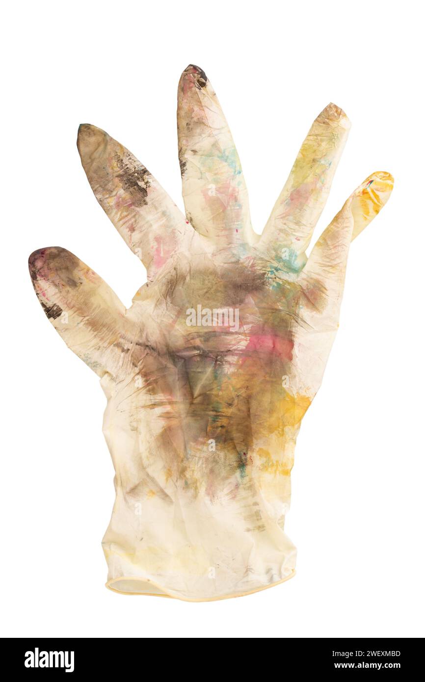 Weiße Gummihandschuhe an Stellen mit Farbe auf weißem Hintergrund. Das Konzept der Kreativität, der Schöpfung. Datei enthält Beschneidungspfad. Stockfoto