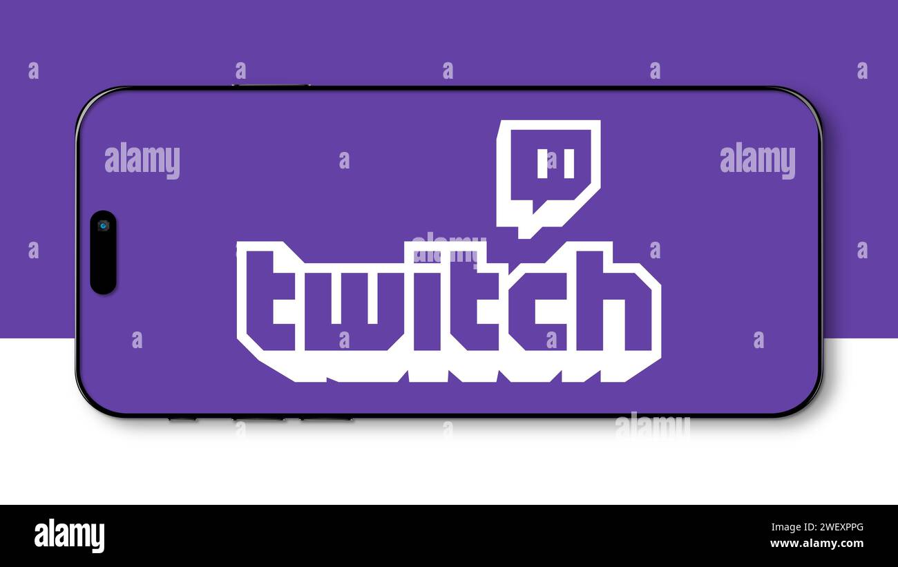 Istanbul, Türkei - 25. Januar 2024: Twitch Markenlogo auf dem Smartphone-Bildschirm mit Twitch-Website im Hintergrund. Twitch ist eine Live-Streaming-Plattform für Stockfoto