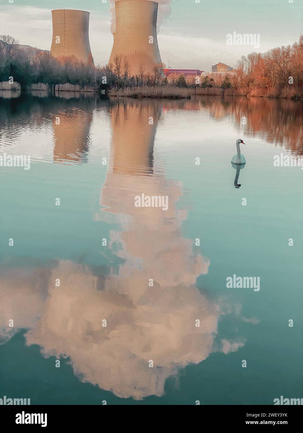Französische Stromerzeugung und Umwelt trügerische Idylle Meereslandschaft mit einem Schwan vor dem Kernkraftwerk in der französischen Gemeinde Stockfoto