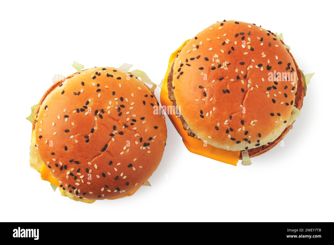 Zwei Burger mit Käse, Fleisch und frischen Kräutern, bestreut mit Sesamsamen, isoliert auf weißem Hintergrund. Blick von oben Stockfoto
