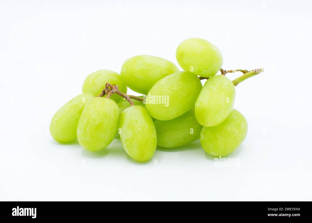 Frischer ganzer grüner Bunch, Cluster oder Gruppe von Thompson Tisch kernlose Trauben, isoliert auf weißem Hintergrund. Verschiedene Winkel. Süßes essbares Obst. Vollständige s Stockfoto