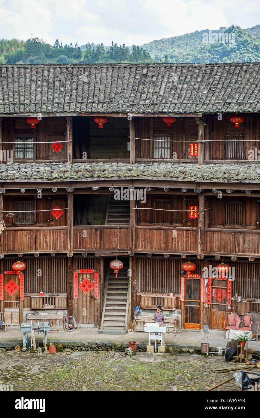 Volkssprache Tulou Gebäude aus gerammter Erde und Holz im Dorf Hekeng in der Stadt Shuyang, Bezirk Nanjing, Provinz Fujian Stockfoto
