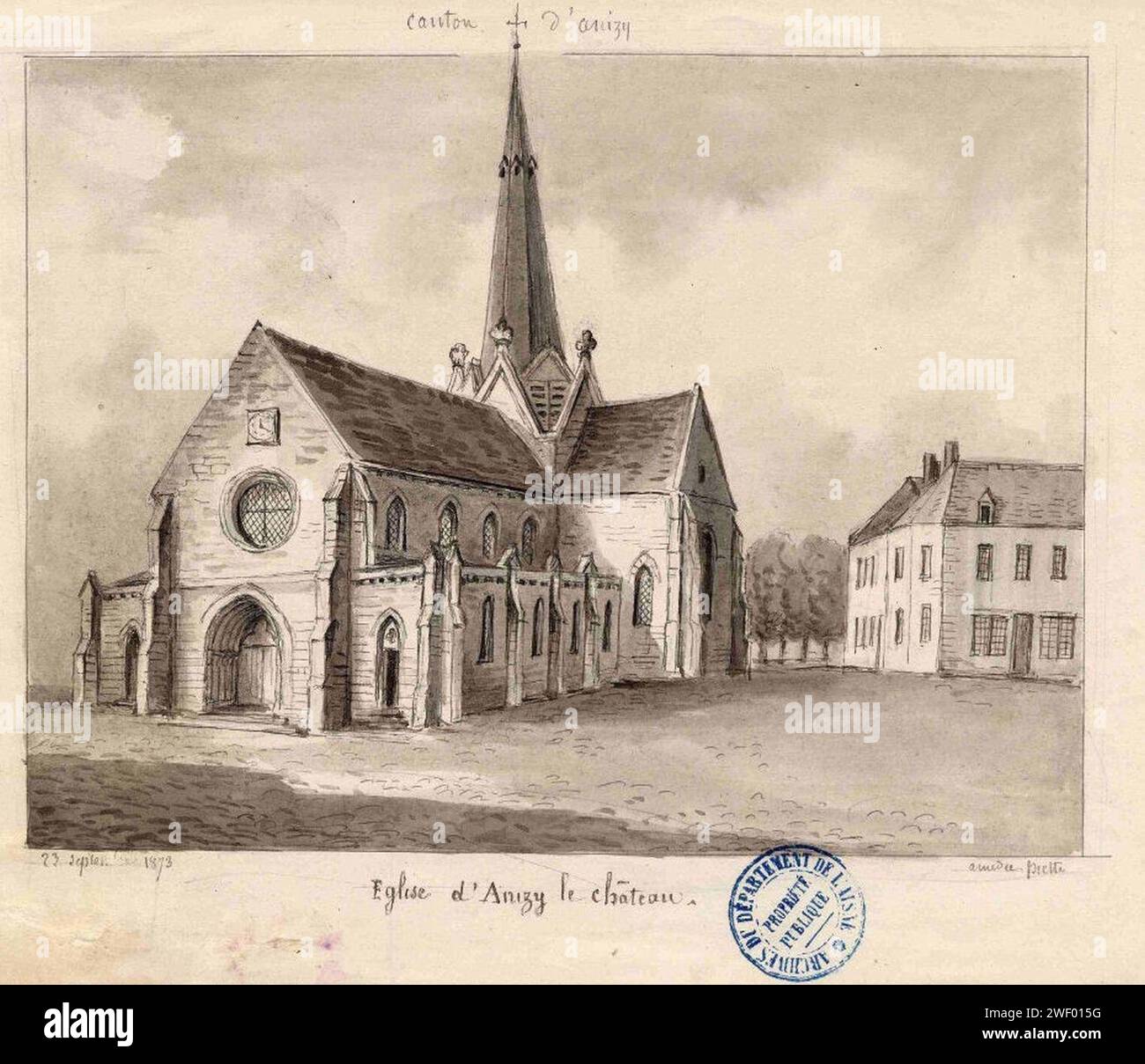 Anizy-le-Château - L'église en 1880 - Dessin d'Amédée Piette (1808-1883). Stockfoto