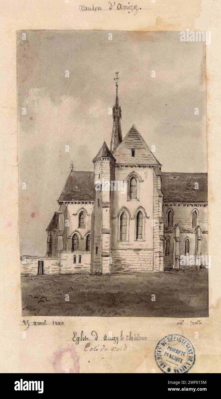 Anizy-le-Château - L'église en 1873 - Dessin d'Amédée Piette (1808-1883). Stockfoto