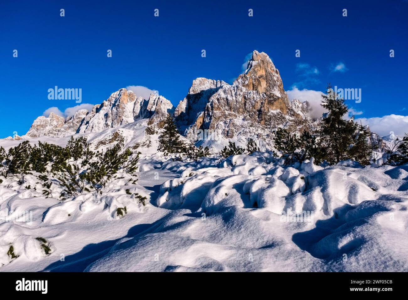 Die Gipfel der Cima dei Bureloni, Cima della Vezzana und Cimon della Pala von links der Pala-Gruppe, von oberhalb des Passo Rolle gesehen, passieren im Winter. San Mar Stockfoto