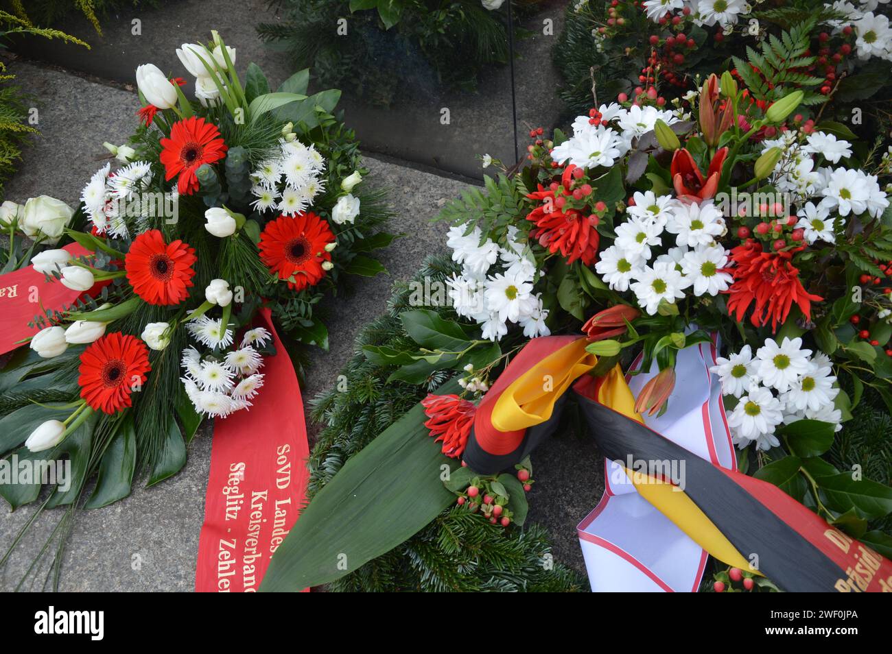 Berlin, Deutschland - 27. Januar 2024 - internationaler Holocaust-Gedenktag feiert 79. Jahrestag der Befreiung von Auschwitz - Spiegelwand Holocaust-Gedenkstätte am Hermann-Ehlers-Platz in Steglitz. (Foto: Markku Rainer Peltonen) Stockfoto