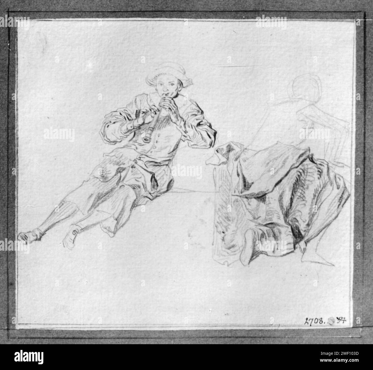 Antoine Watteau - Sittande Pierrot, spelande flöjt Stockfoto
