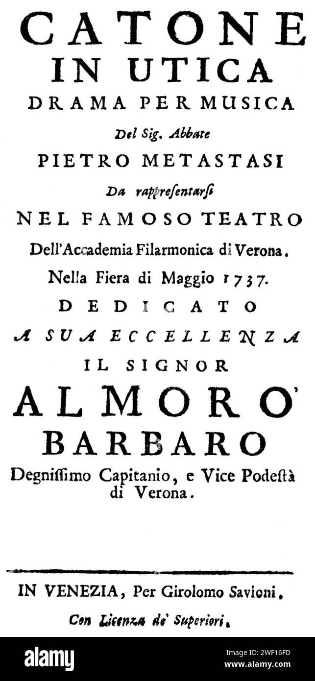 Antonio Vivaldi: Catone in Utica - Titlepage des Librettos - Venedig 1737. Stockfoto