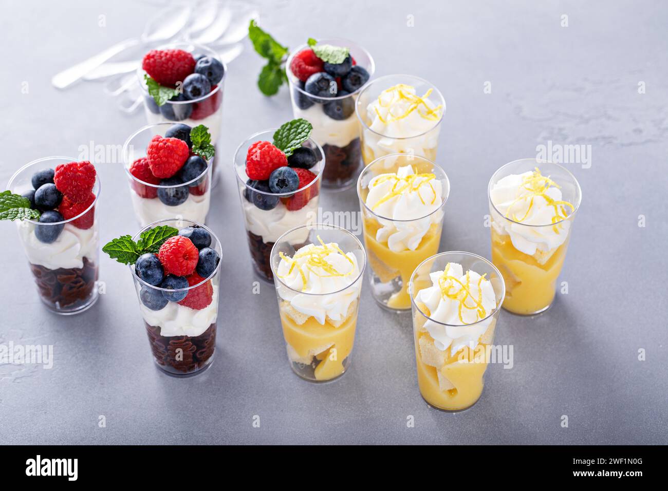 Auswahl an Mini-Desserts in Tassen, Zitronen- und Schokoladendesserts mit Schlagsahne und Beeren für eine Party Stockfoto