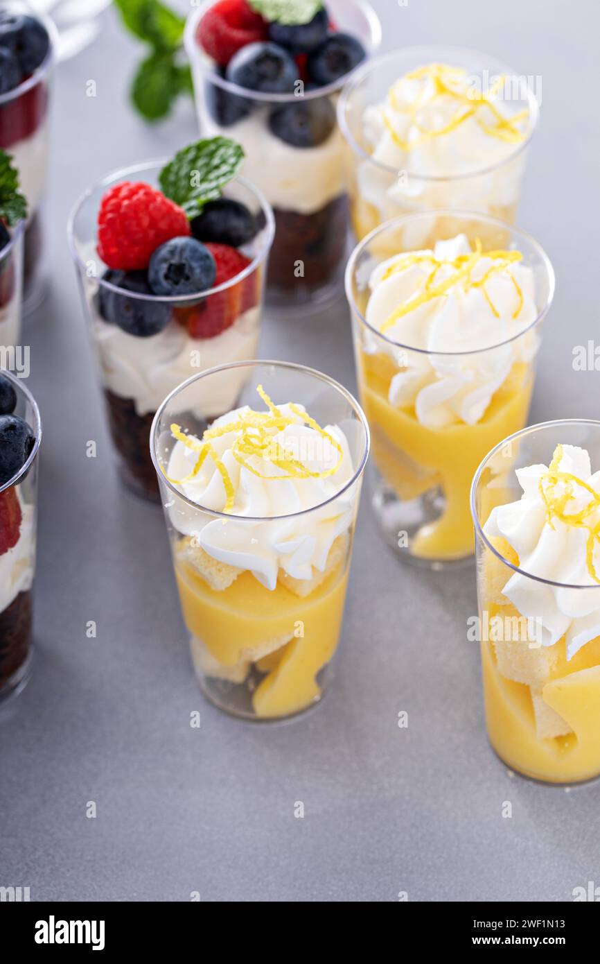 Auswahl an Mini-Desserts in Tassen, Zitronen- und Schokoladendesserts mit Schlagsahne und Beeren für eine Party Stockfoto