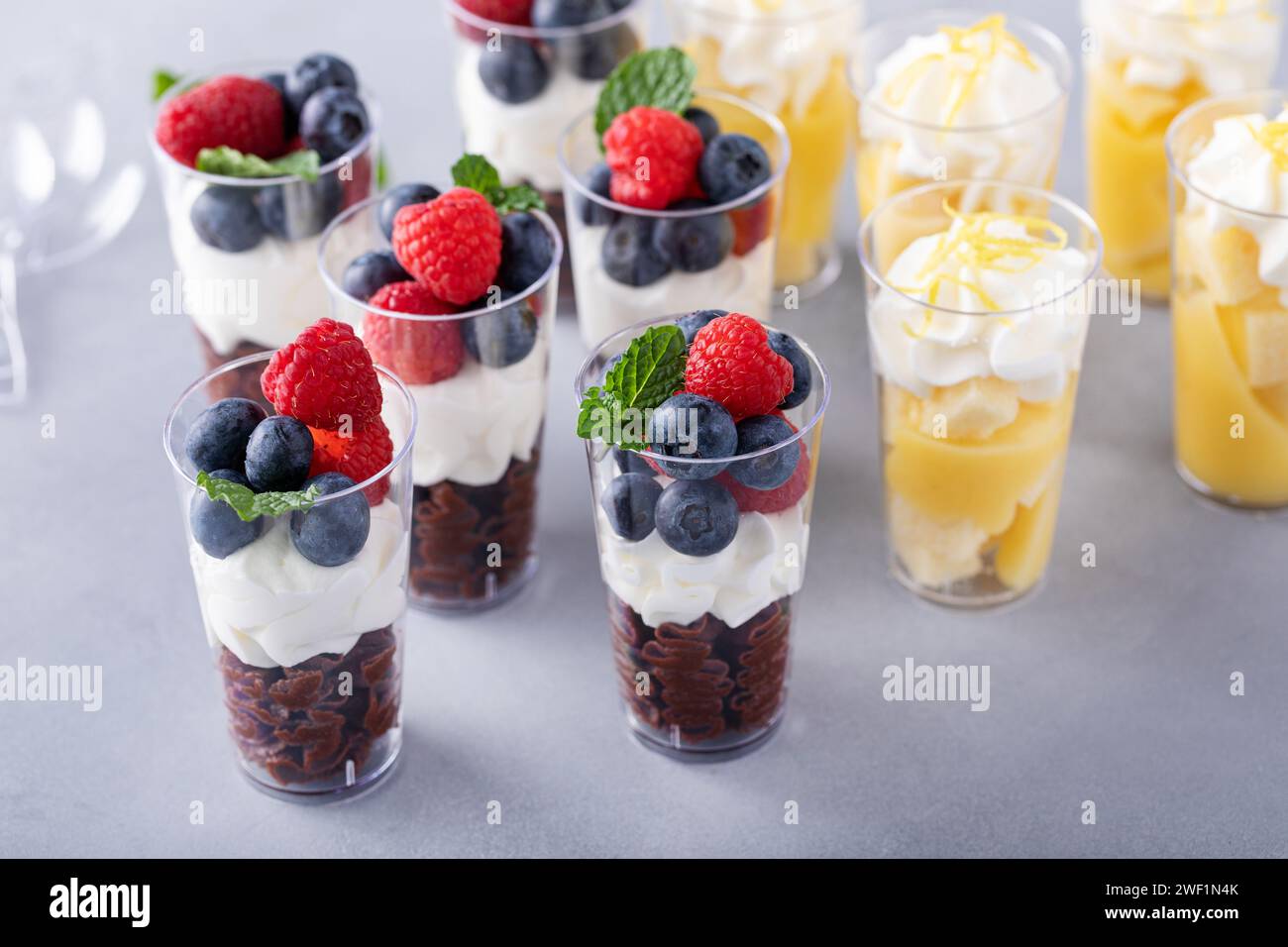 Auswahl an Mini-Desserts in Tassen, Zitronen- und Schokoladendesserts mit Schlagsahne und Beeren für eine Party Stockfoto