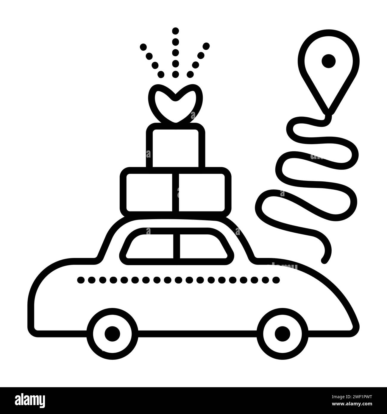 Lieferung im Auto, Kuriertaxi mit Geschenkpaketen auf dem Weg zum Ziel, schwarze Linie Vektor-Symbol Stock Vektor