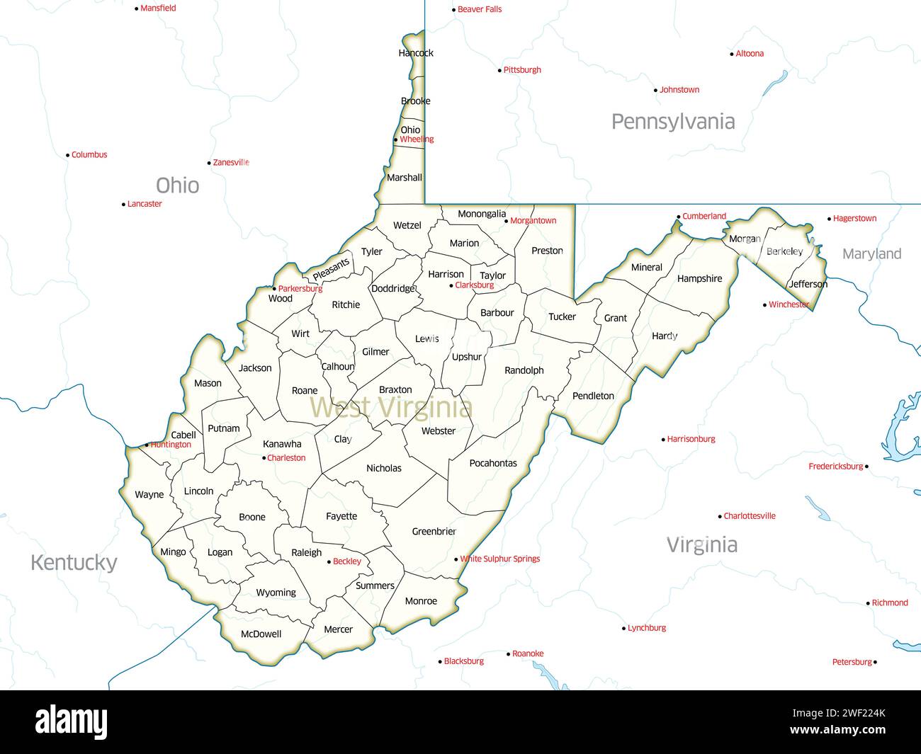 Politische Karte mit den Countys des Bundesstaates West Virginia. Stockfoto