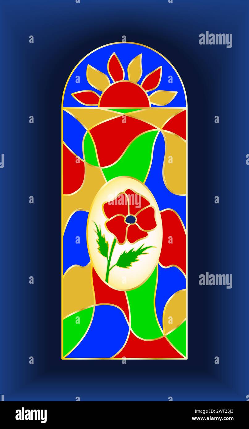 Buntglasfenster mit Mohnblumen. Mehrfarbiges Mosaikmuster. Isolierte Vektordarstellung Stock Vektor