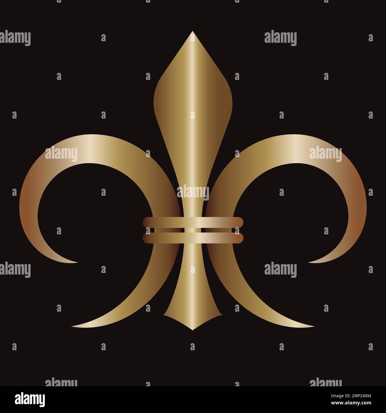 Fleur de Lis Icon Königliches französisches heraldisches Symbol Gold, Metallic, Umriss dekoratives Designelement Vektor-Illustration isoliert auf schwarzem Hintergrund Stock Vektor