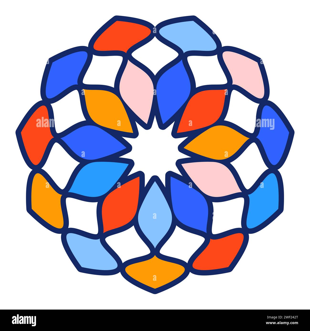 Kaleidoskop farbenfrohes Muster. Buntglasfenster Mosaikvektor-Illustration. Isoliert auf weißem Hintergrund. Stock Vektor