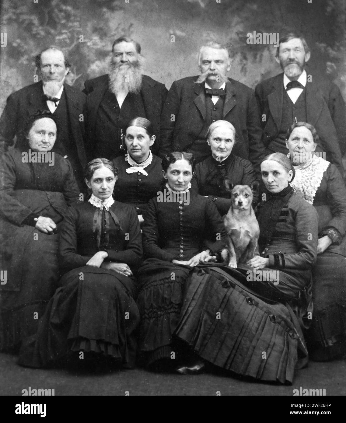Familienporträt mit einem kleinen Hund, ca. 1895. Stockfoto