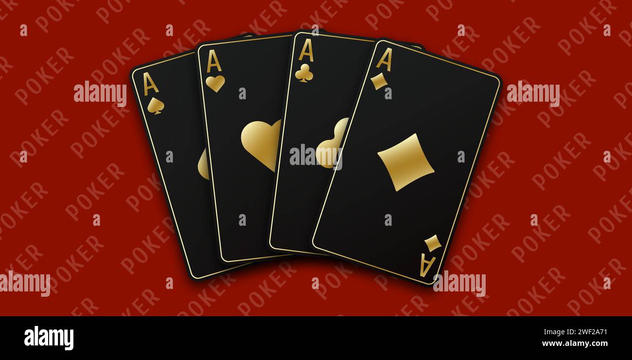 Hintergrund des roten Pokertisches. Vektor-Illustration Poker aller Asse. Eine Hand gefächert mit Spielkarten, bestehend aus Pik-Ass, Diamanten, Schlägern, Herz Stock Vektor