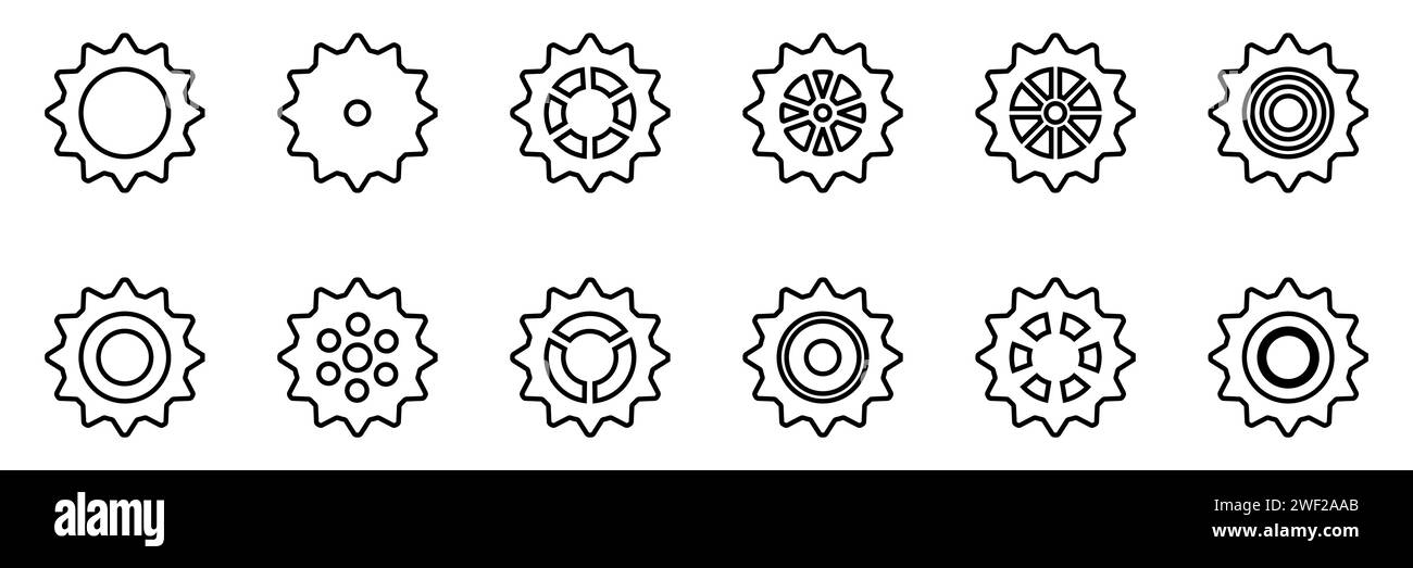 Symbolsatz Gänge. Symbol für Gangeinstellung. Sammlung mechanischer Zahnräder. Einfache Zahnradsammlung. Silhouette mit Zahnradsymbolen. Vector Illustrati Stock Vektor