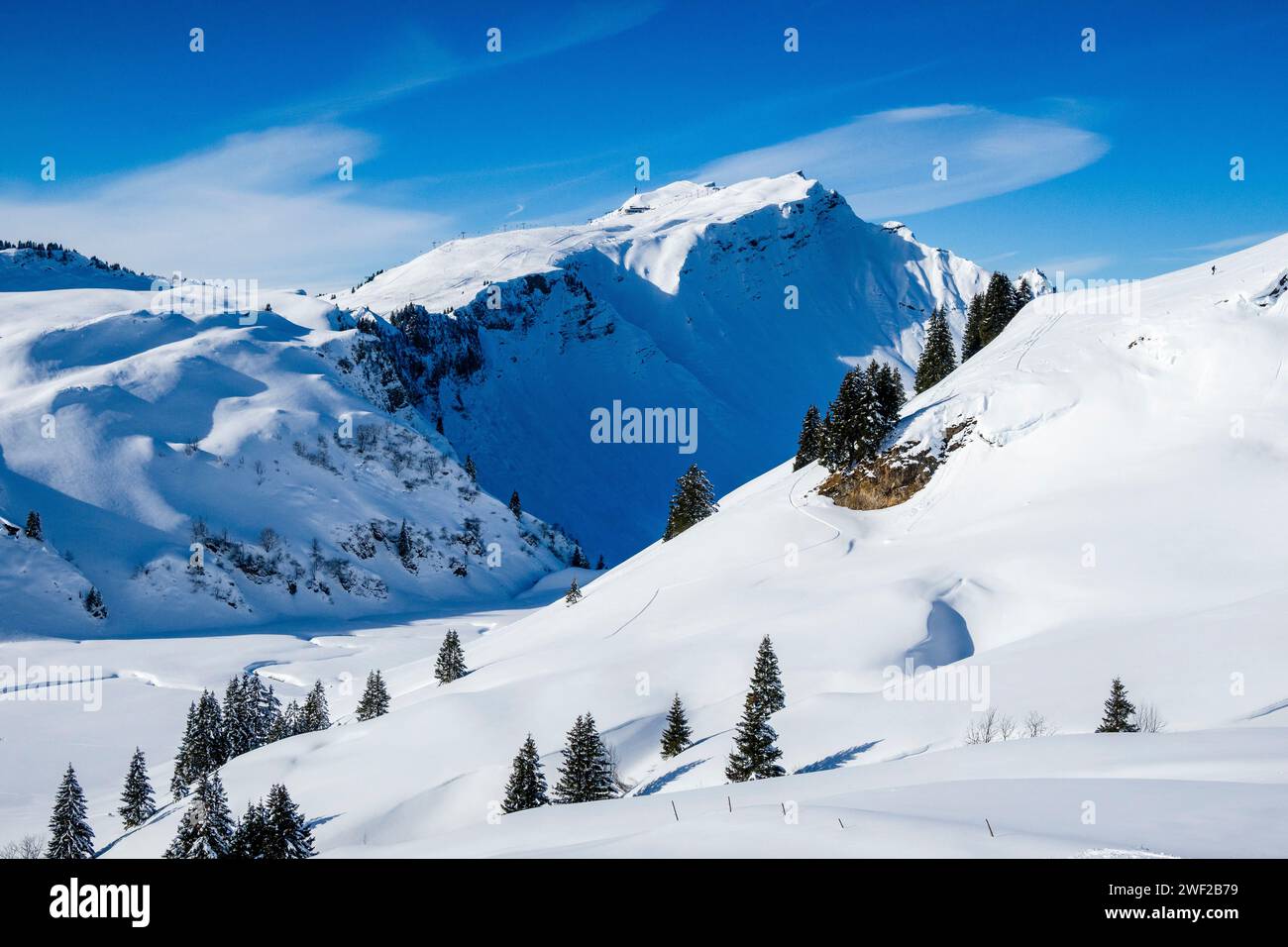 Der Gipfel des Diedamskopf in einer Winterlandschaft im Kleinwalsertal, vom Aufstieg zum Hählekopf gesehen. Stockfoto