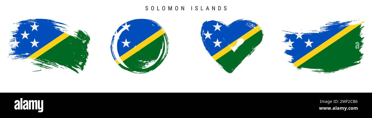 Handgezeichnetes Flaggenset der Salomonen-Inseln im Grunge-Stil. Melanesia-Banner in offiziellen Farben. Freier Pinsel, Kontur, Kreis- und Herzform. Flaches Fahrzeug Stock Vektor