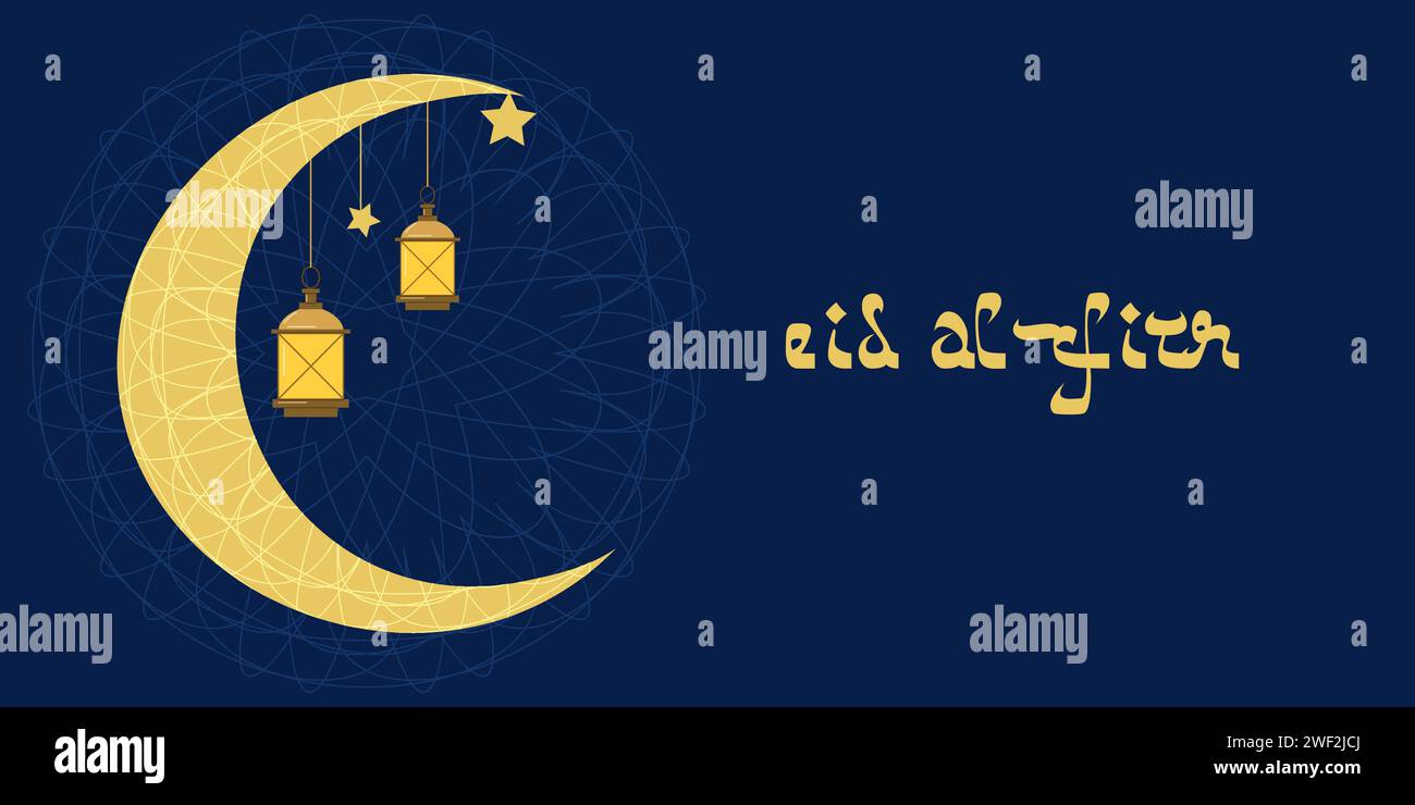 EID al Fitr Ramadan Bayram Ende schnell. Goldene Halbmond-Laternen Muster und Text. Website Flyer Banner Design. Vektorabbildung. Stock Vektor