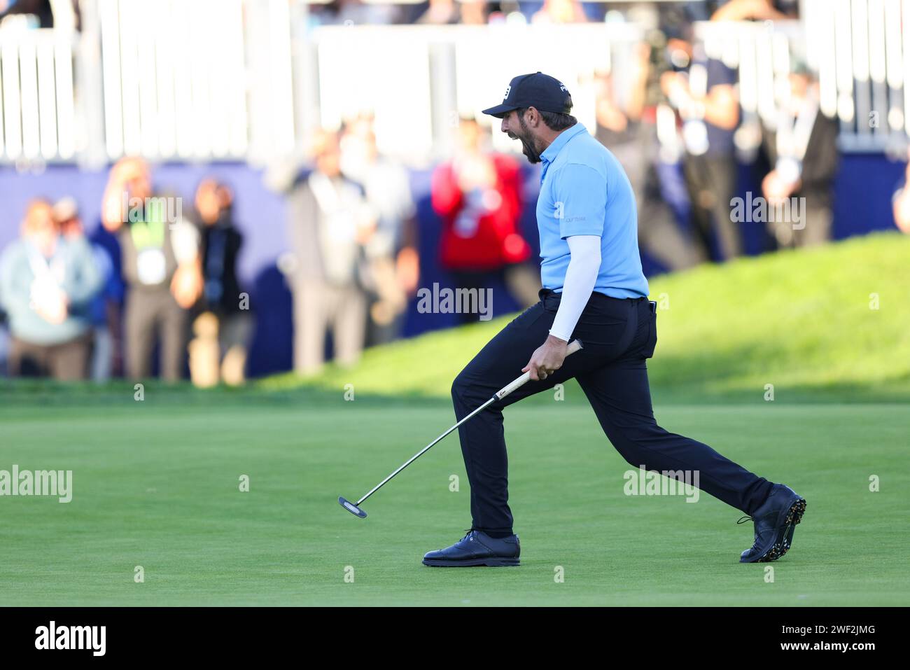 San Diego, Kalifornien, USA. Januar 2024. MATTHIEU PAVON reagiert auf den Sieg bei den Farmers Insurance Open auf dem Torrey Pines South Course in San Diego, Kalifornien. (Kreditbild: © Brenton TSE/ZUMA Press Wire) NUR REDAKTIONELLE VERWENDUNG! Nicht für kommerzielle ZWECKE! Quelle: ZUMA Press, Inc./Alamy Live News Stockfoto