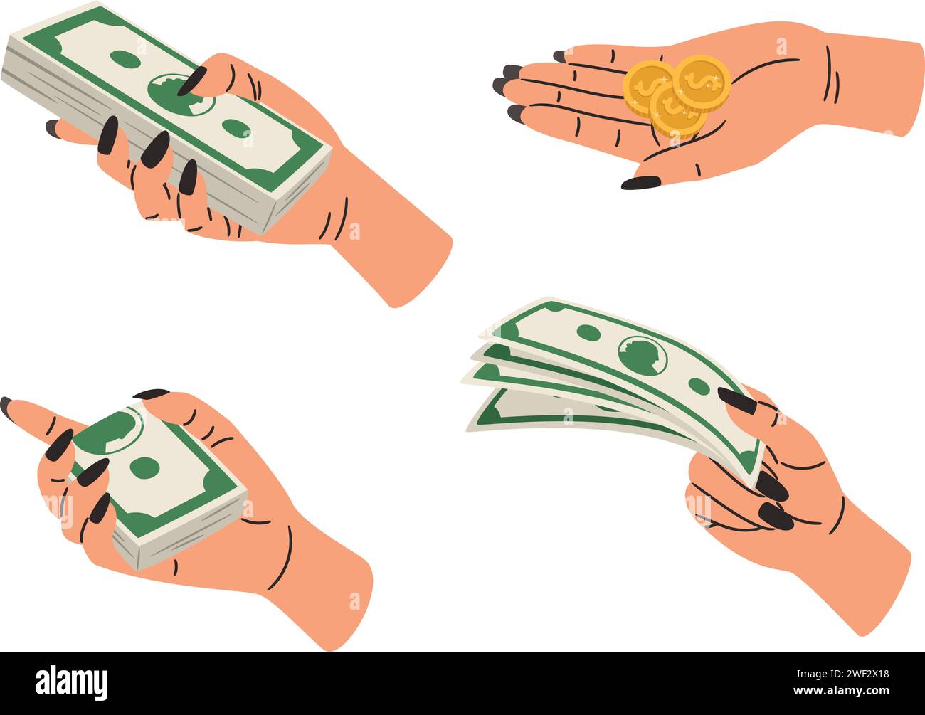 Hände, die Geld halten. Waffensatz mit Münzen und Banknoten. Illustration des Finanzvektors eines Handsets mit Bargeld-Dollar isoliert Stock Vektor