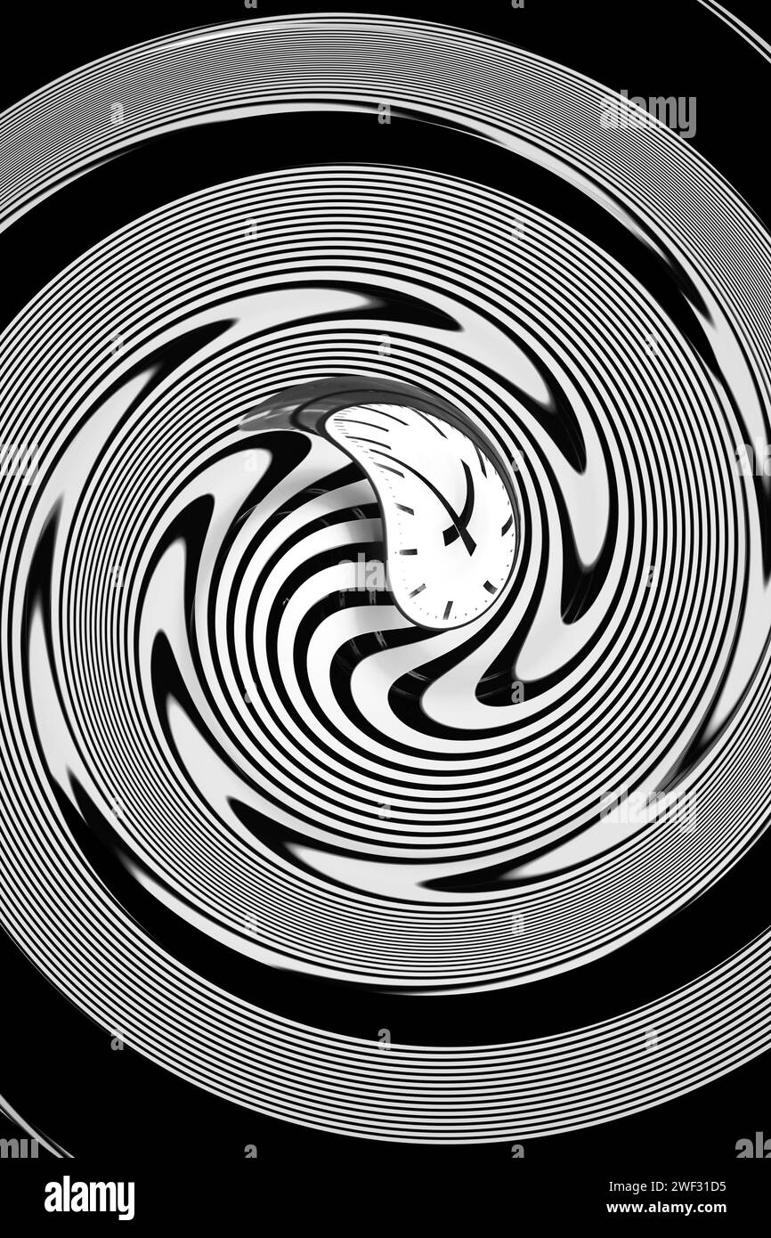 Die Zeit ist außer Kraft. Drehende Uhr Stockfoto