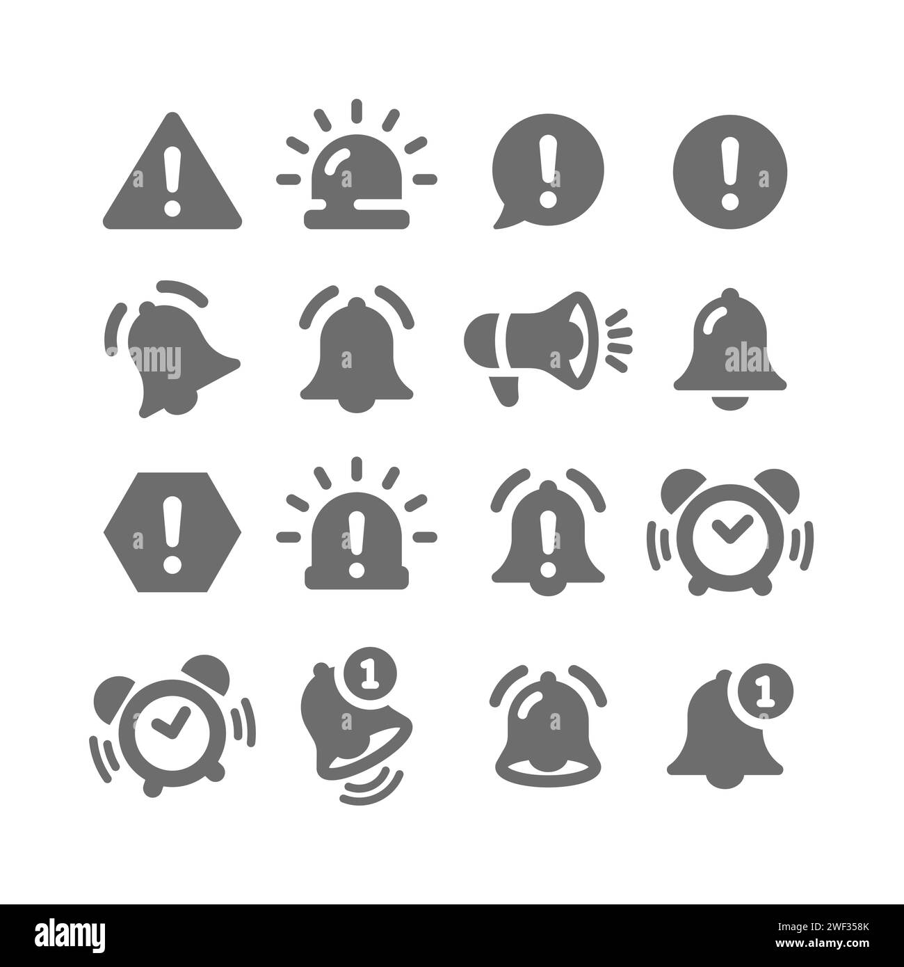 Fehlermeldung und Signal, Benachrichtigungssymbolgruppe. Symbole für Ausrufezeichen und Alarmvektoren. Stock Vektor