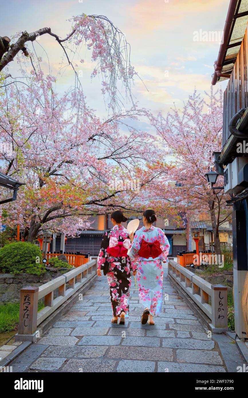 Kyoto, Japan - 6. April 2023: Die Tatsumi-Bashi-Brücke ist der berühmte Ort des Stadtteils Gion. Es ist eine kleine Brücke, die den Fluss Shirakawa überquert Stockfoto