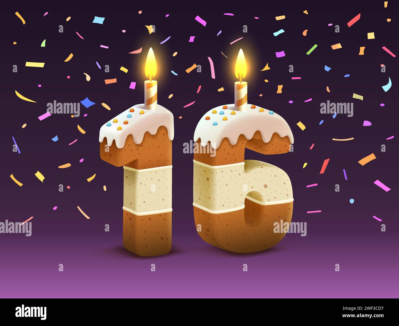 Happy Birthday, Person Geburtstag Jahrestag, Kerze mit Kuchen in Form von Zahlen 16. Vektor Stock Vektor