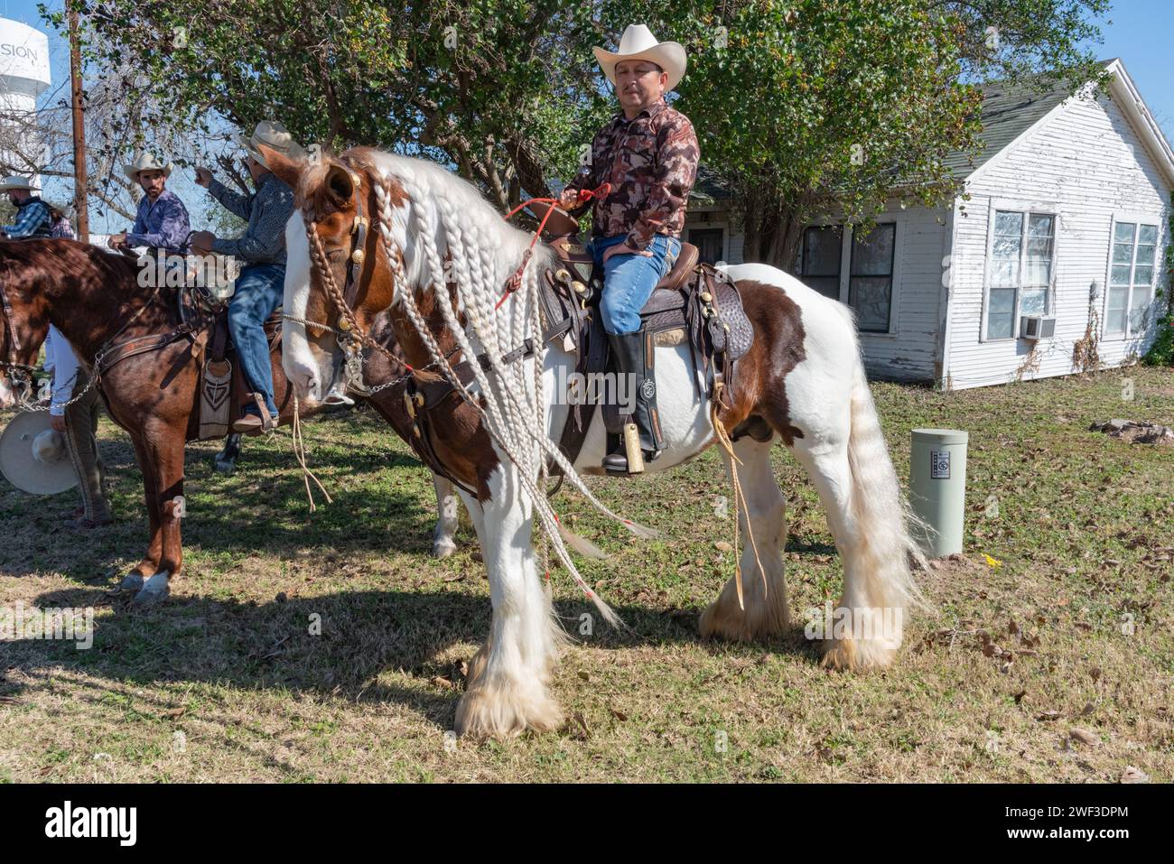 Cowboy sitzt im Sattel auf einem Pferd mit geflochtener Mähne und wartet auf den Beginn der 92. Jährlichen Texas Citrus Fiesta Parade of Oranges, Mission, Texas, USA. Stockfoto