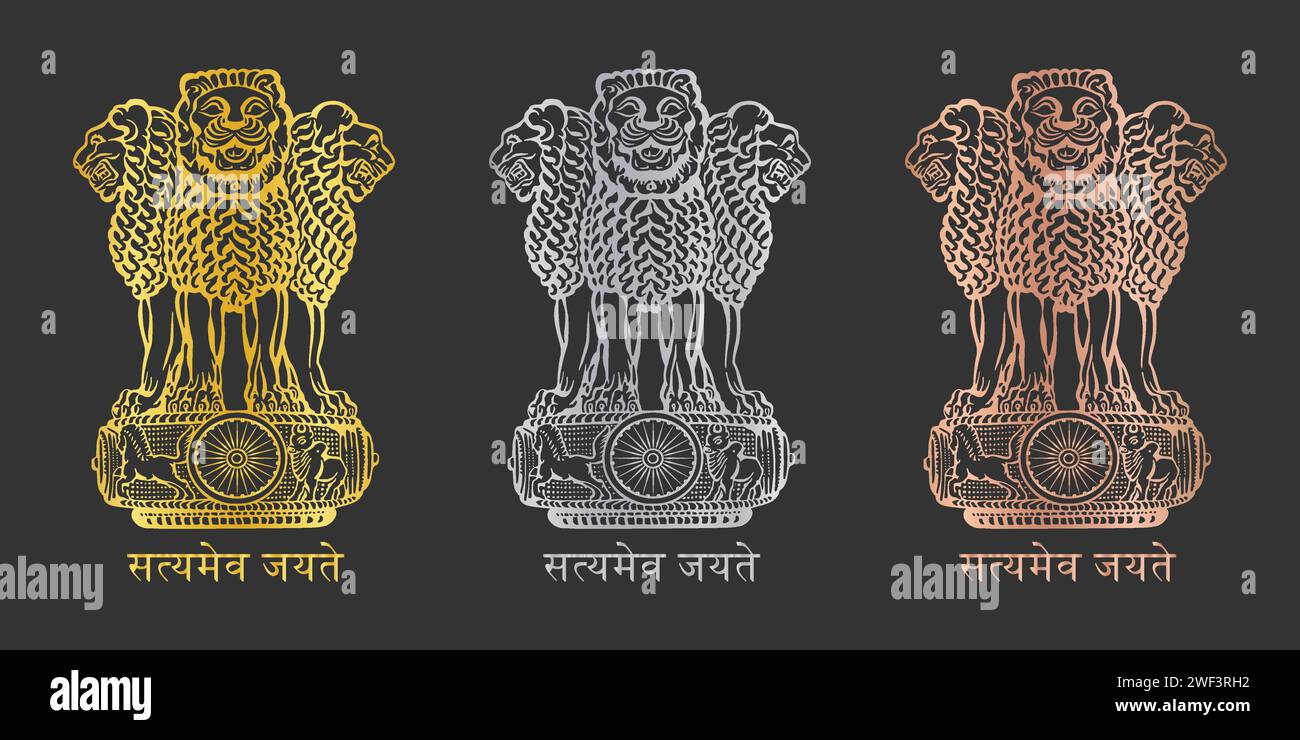 Ashok Piller Satyameva Jayate Symbol Set. Emblem von Indien. Ashok Stambh-Symbol in Gold, Silber und Bronze isoliert auf schwarzem Hintergrund. Stock Vektor