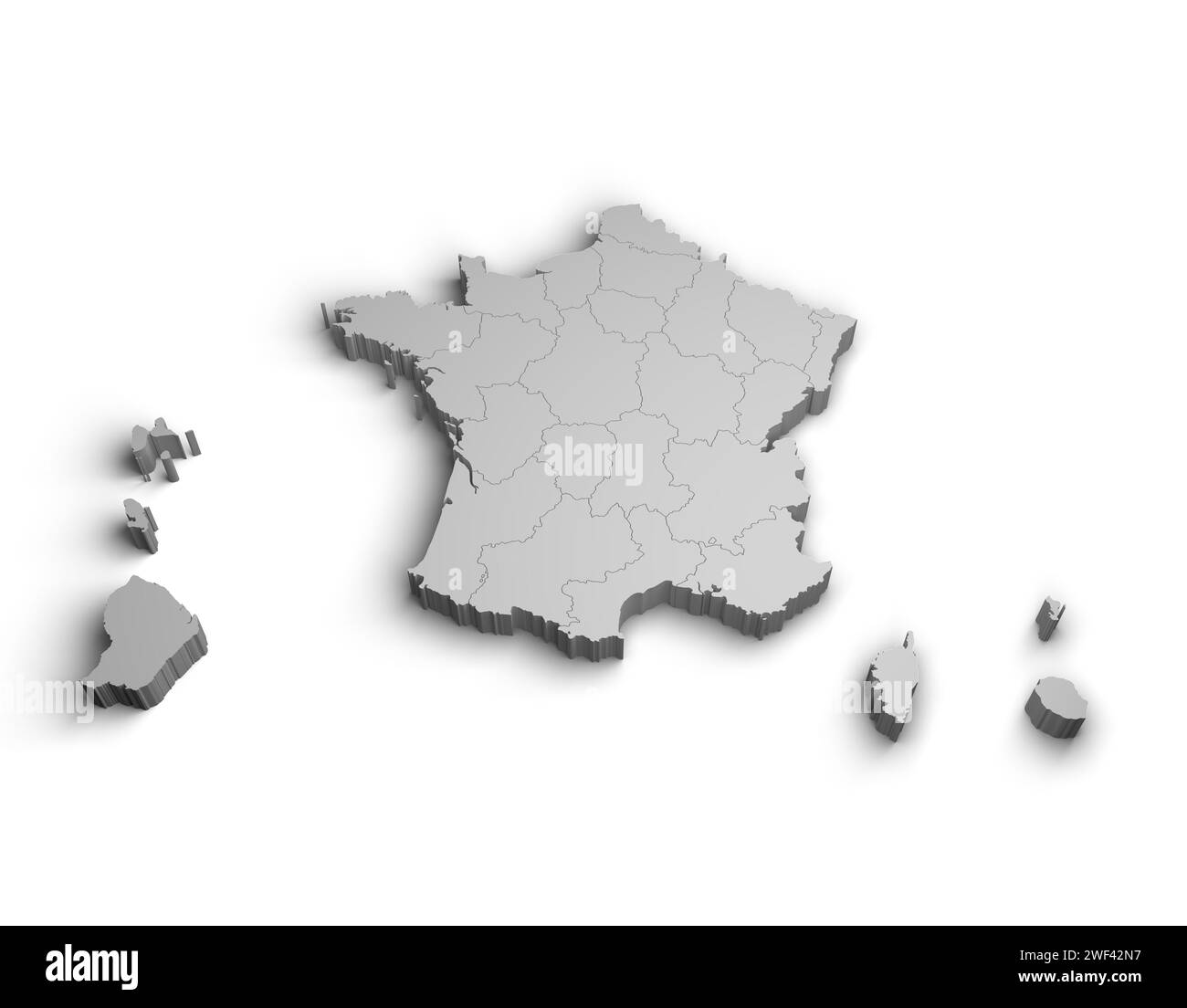 Abbildung der 3D-Karte für Frankreich, weißer Hintergrund, isoliert Stockfoto
