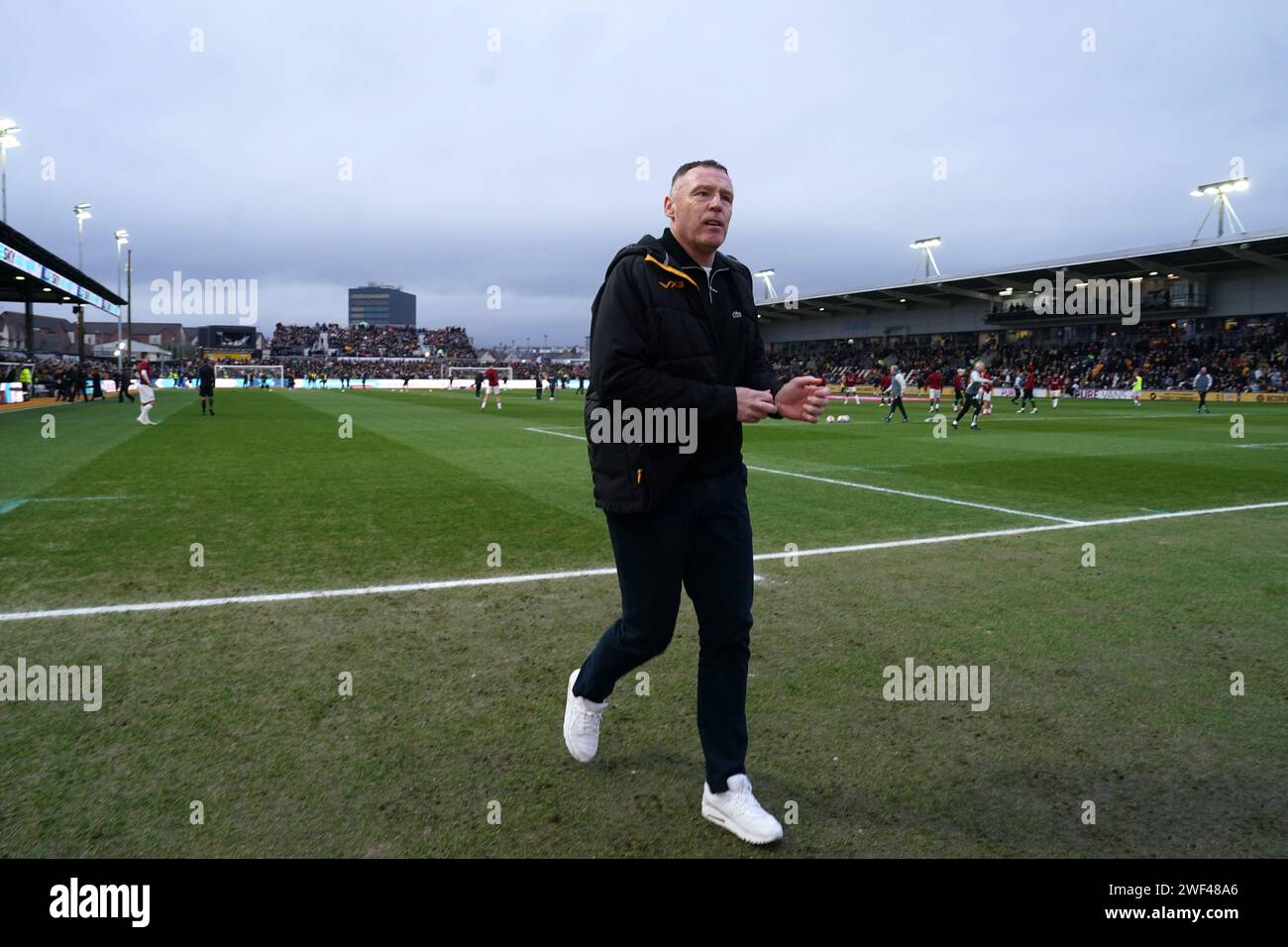 Newport County Manager Graham Coughlan vor dem Spiel der vierten Runde des Emirates FA Cup bei Rodney Parade in Newport. Bilddatum: Sonntag, 28. Januar 2024. Stockfoto