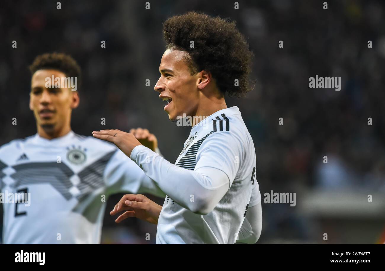 Leipzig, Deutschland – 15. November 2018. Der deutsche Fußballnationalspieler Leroy Sane feiert sein Tor im Freundschaftsspiel Deutschland gegen Russi Stockfoto