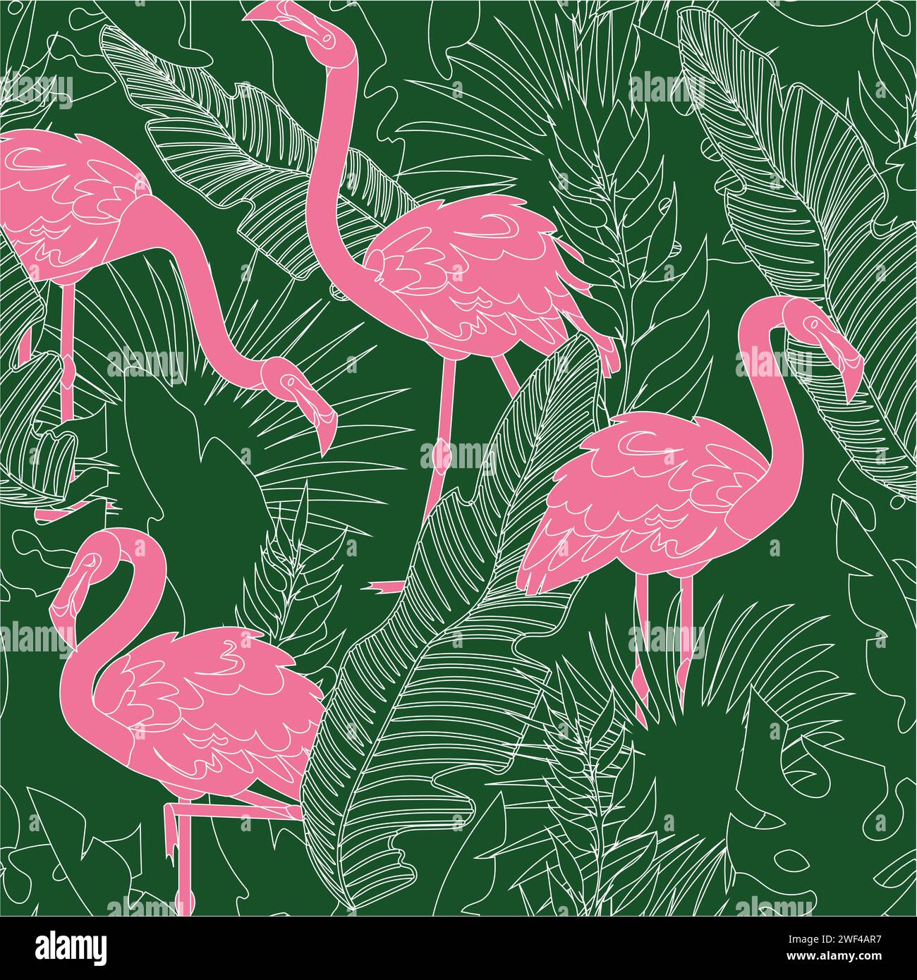 Nahtloses Flamingo-Muster. Tropischer rosa Vogel in grünen Palmblättern. Paradies Hintergrund. Dekor aus Textil, Geschenkpapier und Tapetendesign. Stoffdruck. Zeichentrickfilm flache isolierte Vektorillustration Stock Vektor