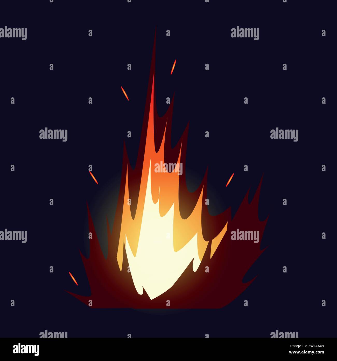 Brandexplosion. Flammenexplosion Bersten. Waffenausleger-Effekt mit heller Blitz und funkelnden Funken. Bombenzündung. Zerstörungskraft. Schussangriff. Magischer Knall. Heißes Funkeln. Vektorexplosives Comic-Element Stock Vektor