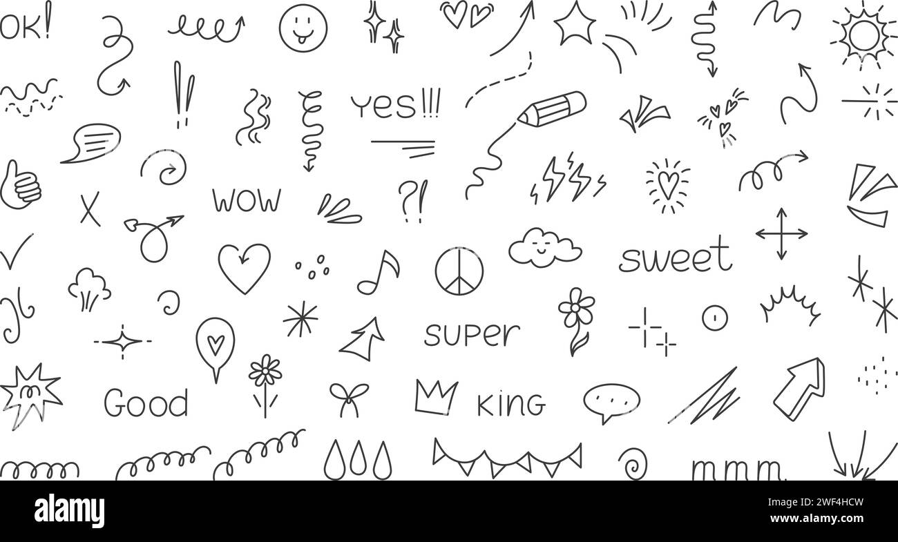 Glitzerelemente mit Doodle Line. Einfache winzige Pfeile, Federn, Wimpelbanner, Herzen und Sprechblasen. Isolierter handgezeichneter neoterischer Vektor Stock Vektor