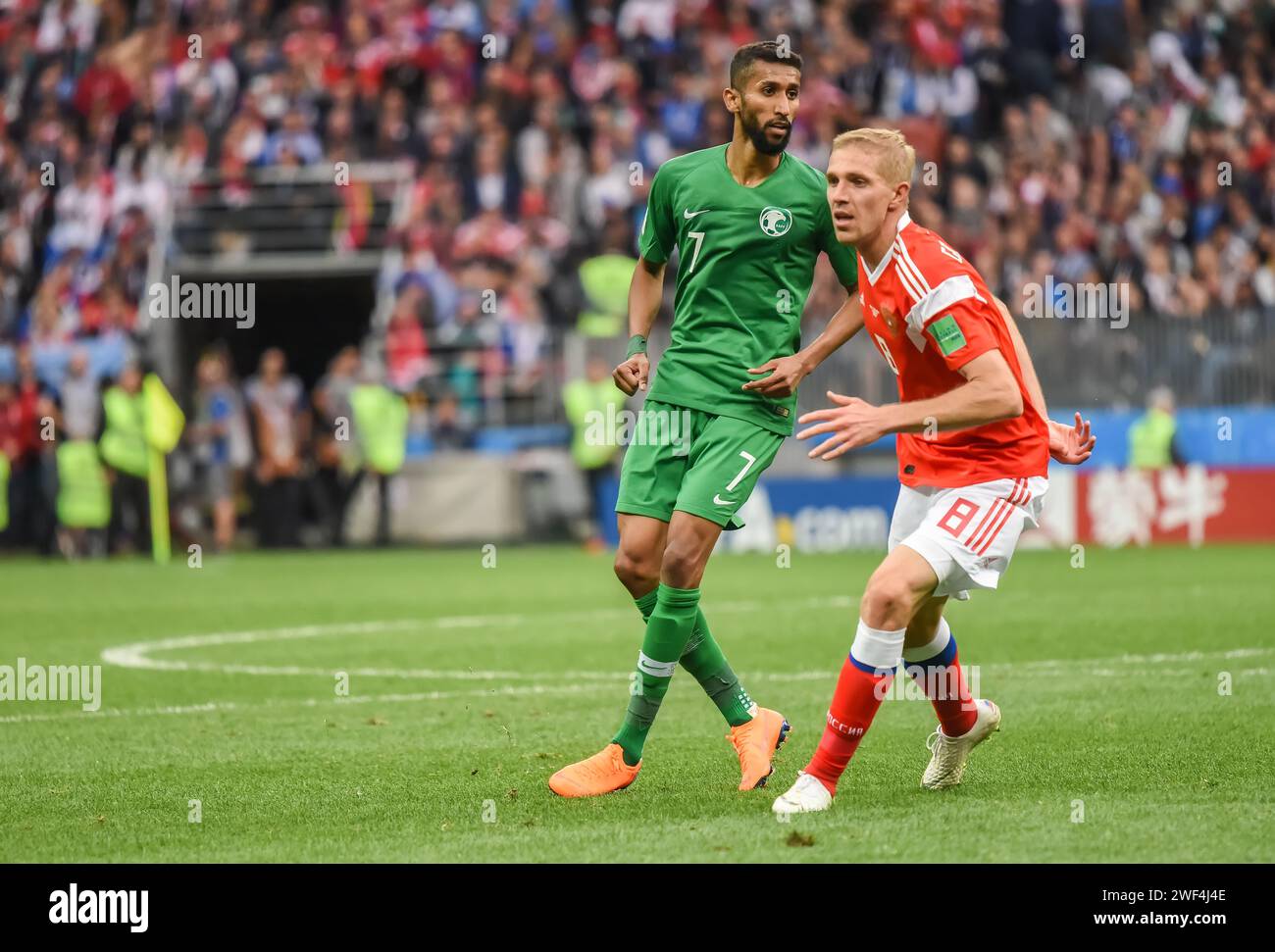 Moskau, Russland – 14. Juni 2018. Der Mittelfeldspieler der saudischen Fußballnationalmannschaft Salman Alfaraj im ersten Spiel der FIFA Fussball-Weltmeisterschaft 2018 Ru Stockfoto