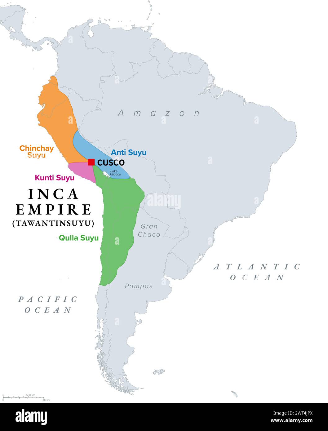 Inka-Reich, Tawantinsuyu und seine vier Teile, politische Karte. Die regionalen Viertel des Inka-Reiches sind Chinchay, Anti, Kunti und Qulla Suyu. Stockfoto