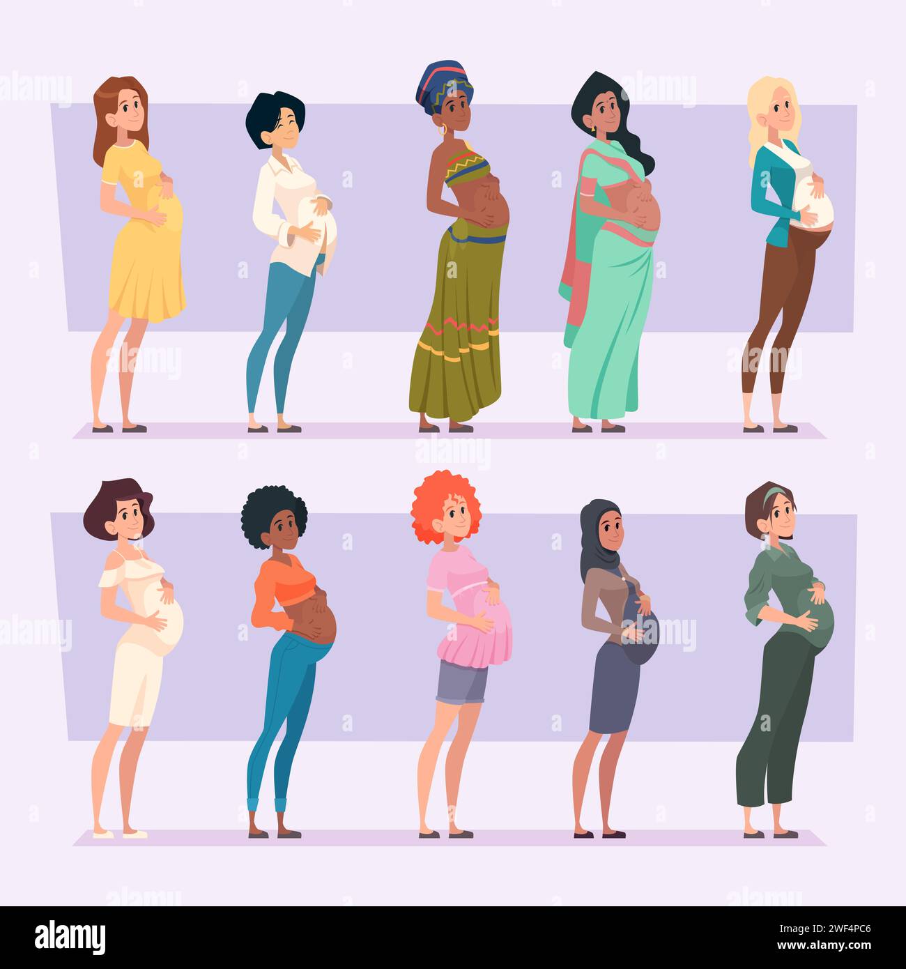 Schwanger. Multikulturelle Mutterschaftsbilder setzen exakte Vektorbilder weiblicher Seitenansichten von schwangeren Frauen Stock Vektor