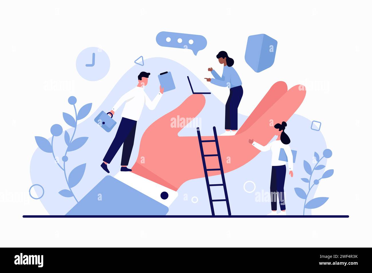 Unterstützung und Betreuung des Unternehmensleiters für das Wohlbefinden und die Sicherheit der Mitarbeiter. Riesige Boss Hand, die winzige Leute hält, die mit Laptop in Komfortumgebung arbeiten Cartoon Vektor Illustration Stock Vektor