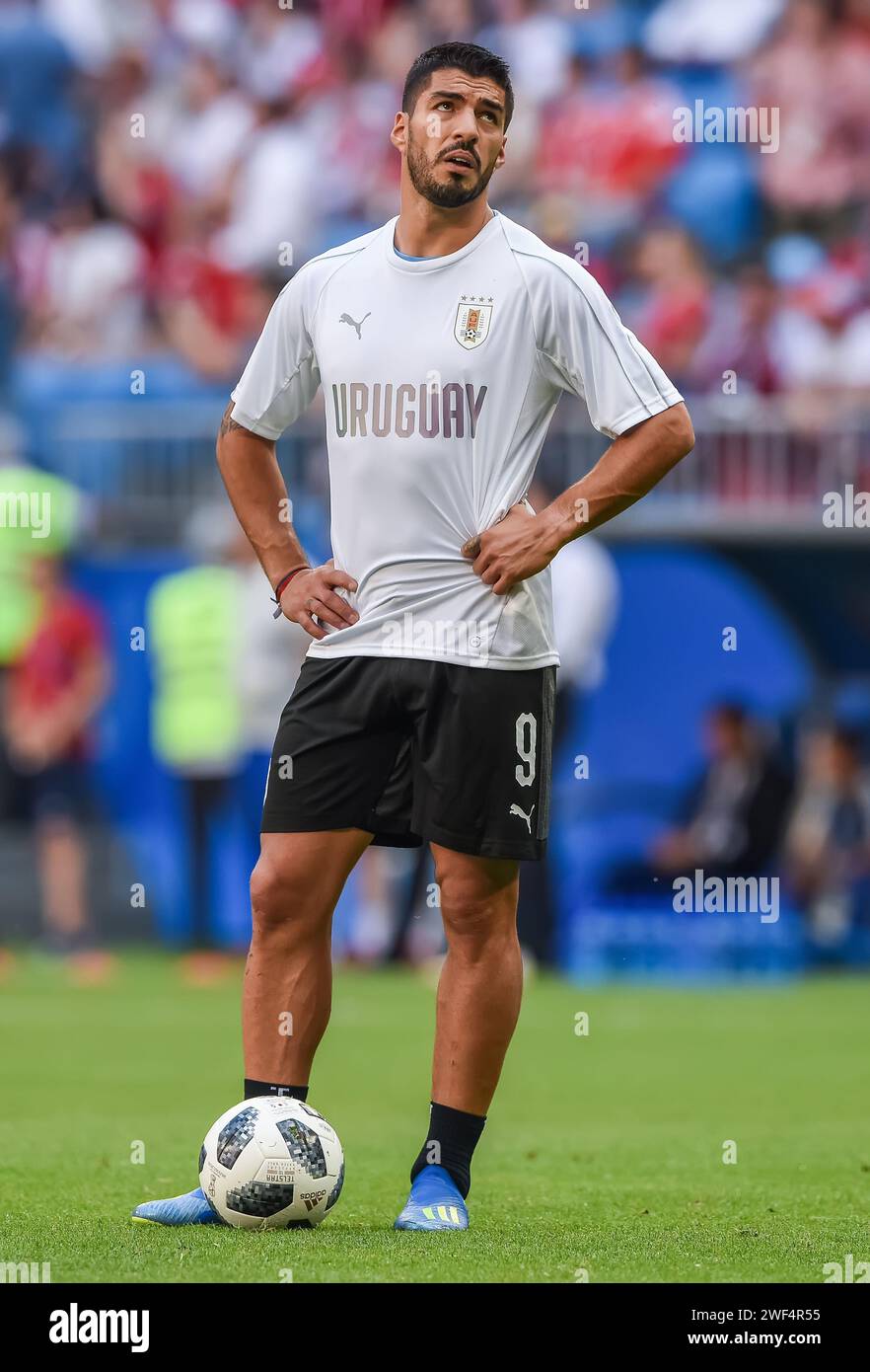 Samara, Russland – 25. Juni 2018. Luis Suarez, Nationalstürmer der Uruguay-Fußballnationalmannschaft im Training vor dem Spiel der FIFA-Weltmeisterschaft 2018, Uruguay gegen Russland (3-0) Stockfoto