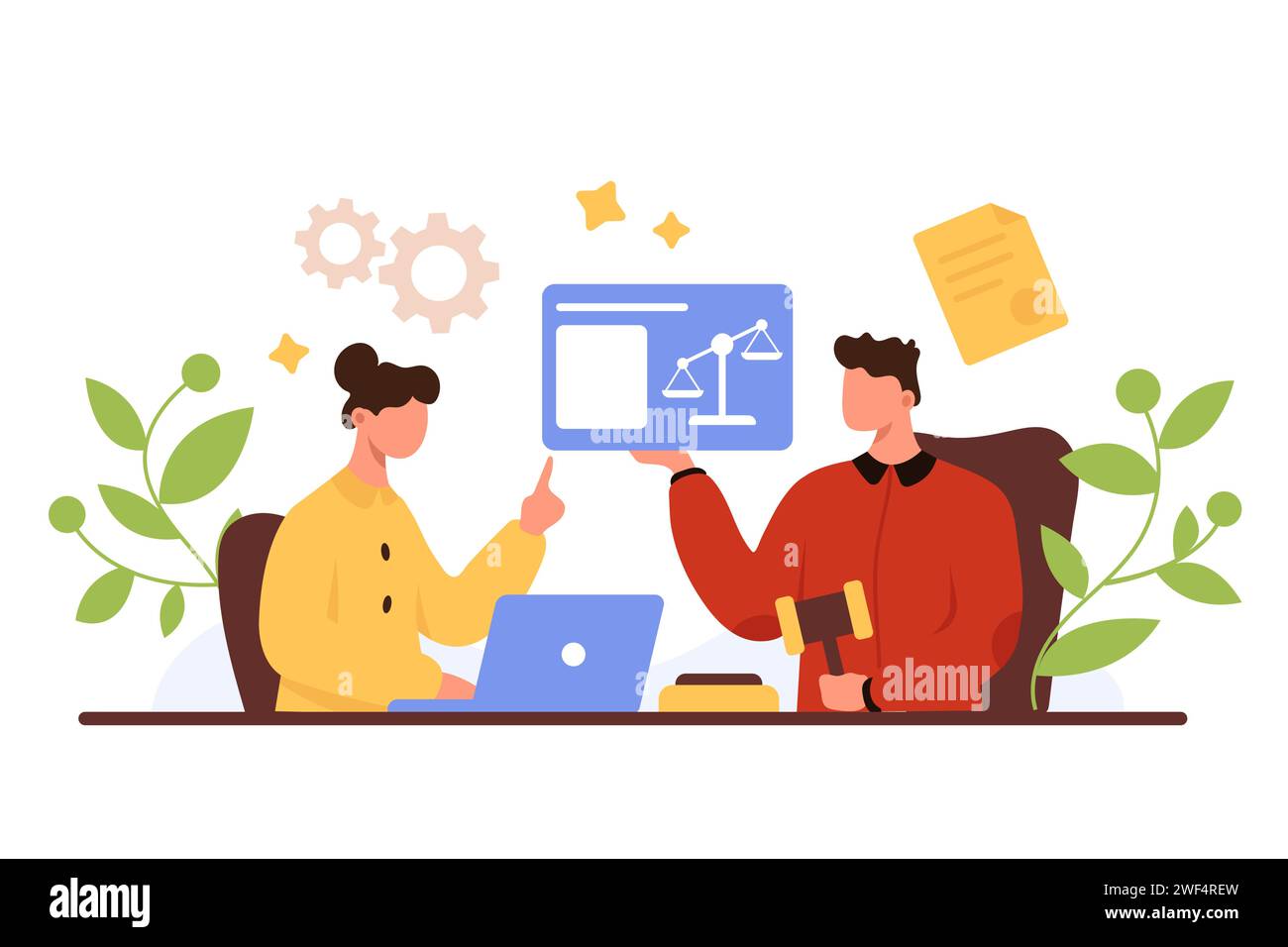 Juristischer Dienst und Rechtsprechung, Rechtsberatung des Rechtsanwalts. Winzige Frau, die am Laptop sitzt, Mann mit Hammer und digitalem Symbol der Gerechtigkeit Skalen auf der juristischen Konsultation Cartoon Vektor Illustration Stock Vektor