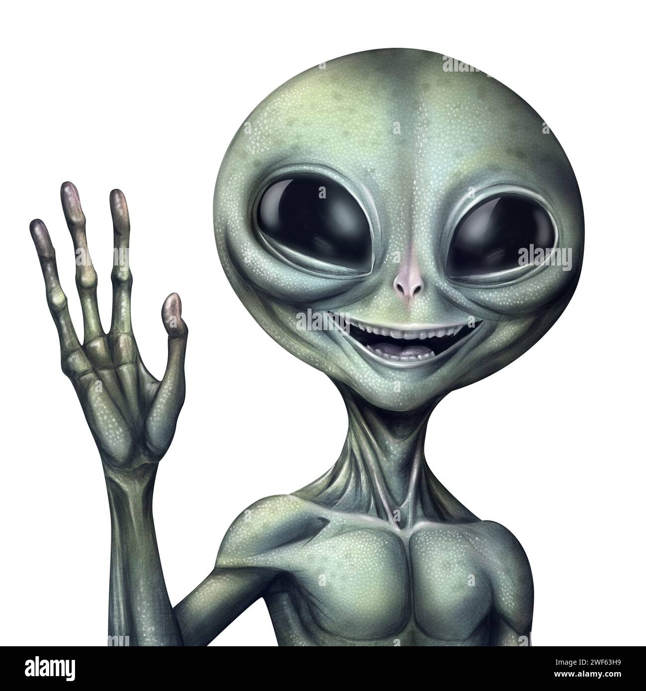 Alien winken isoliert auf weiß, Illustration. Extraterrestrisches Leben Stockfoto