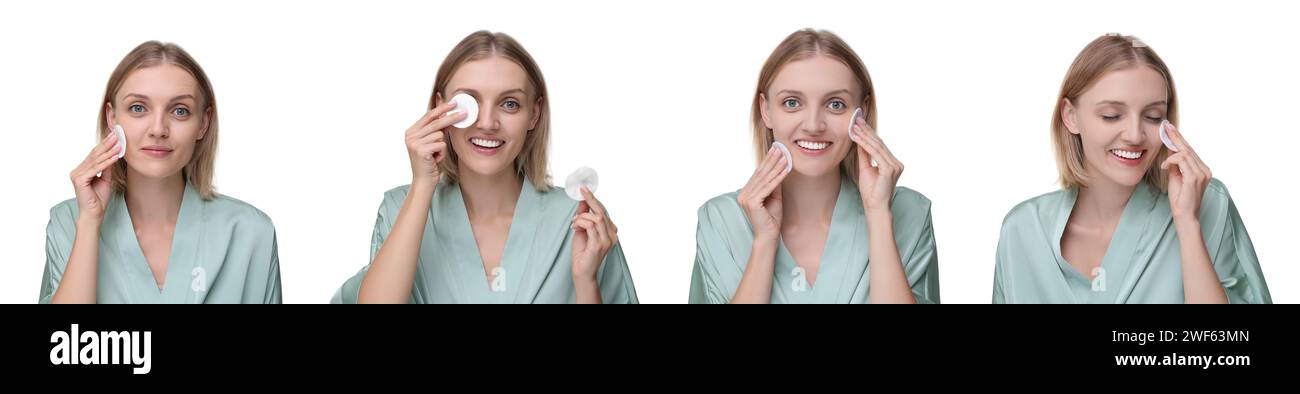 Frau, die ihr Gesicht mit Wattepads auf weißem Hintergrund reinigt, Fotoset Stockfoto