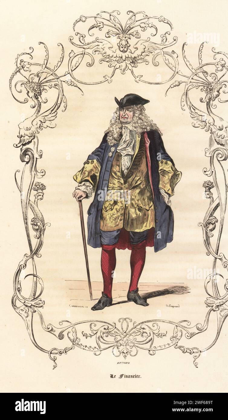 Kostüm eines französischen Finanziers aus dem 18. Jahrhundert. In Tricorne, Puderperücke, Justaucorps, Weste, Reithose, Schlauch und Schuhe, mit Stock. Le Financier. Handkolorierter Stahlstich von Carbonneau nach einer Illustration von Theophile Fragonard, innerhalb einer Grenze von Bertrand, aus Augustin Challamels Autrefois ou Le Bon Vieux Temps, Types de 18e Siecle, Challamel et Cie, 1842. Stockfoto